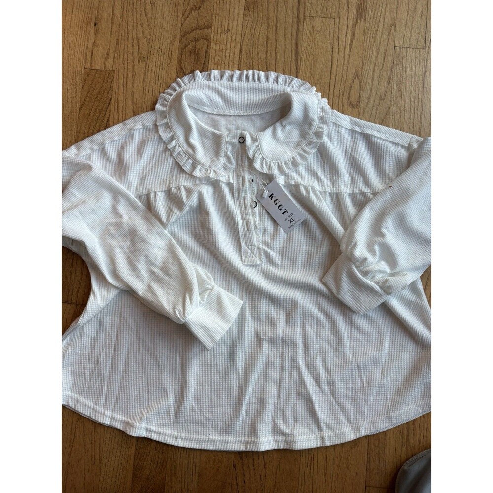 NWT Womenโs XL White Ruffle Collar Blouse Long Sleeve Cottagecore Shirt